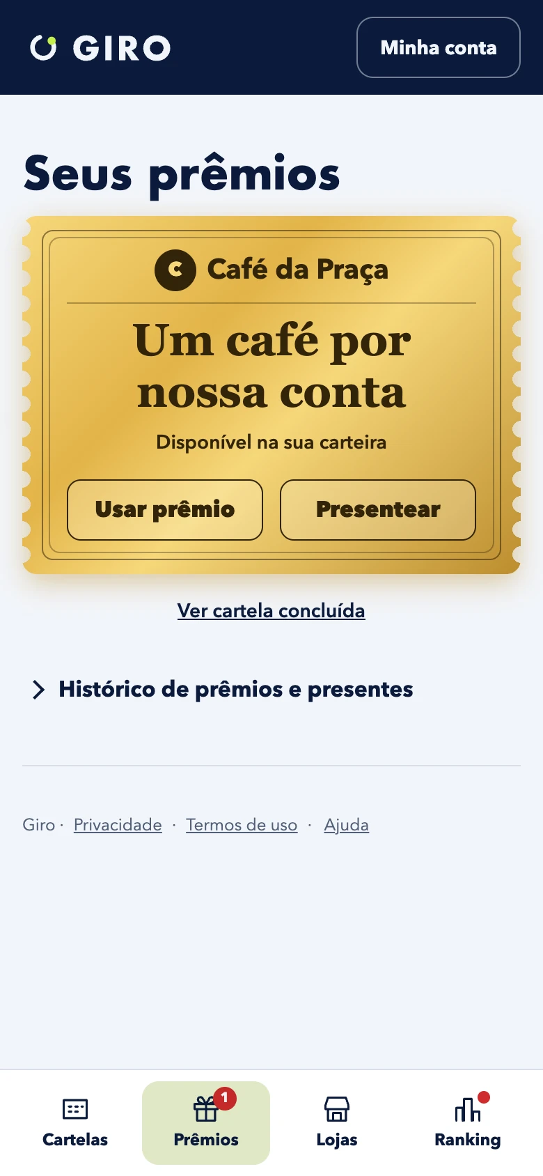 Prêmios no app Giro, mostrados como bilhetes dourados